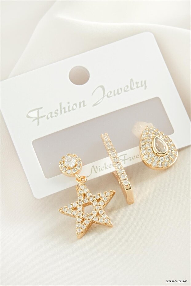 Spt-Gld 3 Pieces Star Zircon Stone (41727) Earrings Yellow