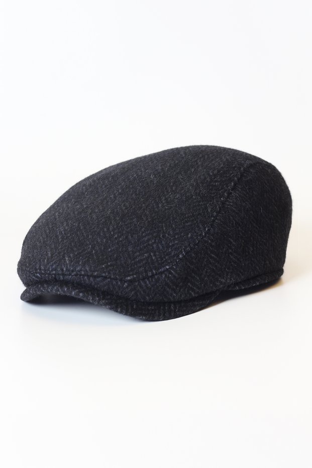 Men's Cap - Arden Black Herringbone Cap - Standard Size M-L Compatible Hat
