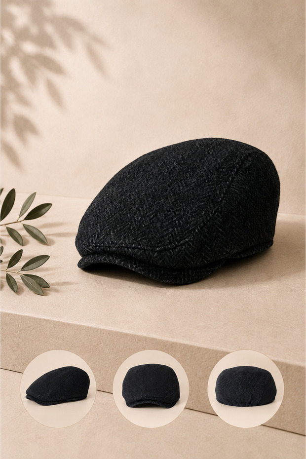 Men's Cap - Arden Black Herringbone Cap - Standard Size M-L Compatible Hat