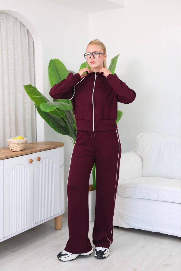 Women's Piping Detailed Zippered High Collar Two-Piece Tracksuit Set
