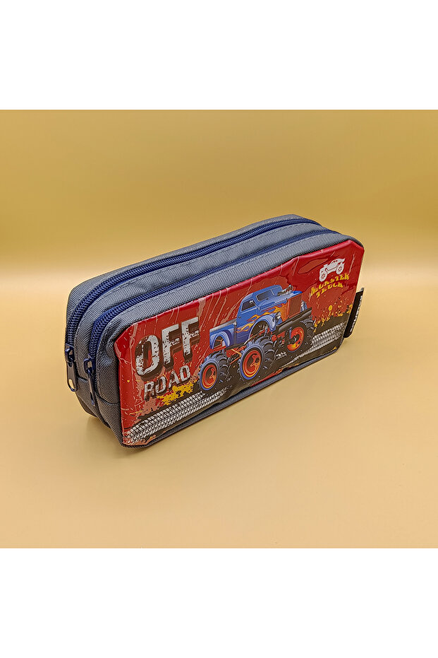 Double Compartment Car Truck Patterned Pencil Case Gray Red Color Pen Holder