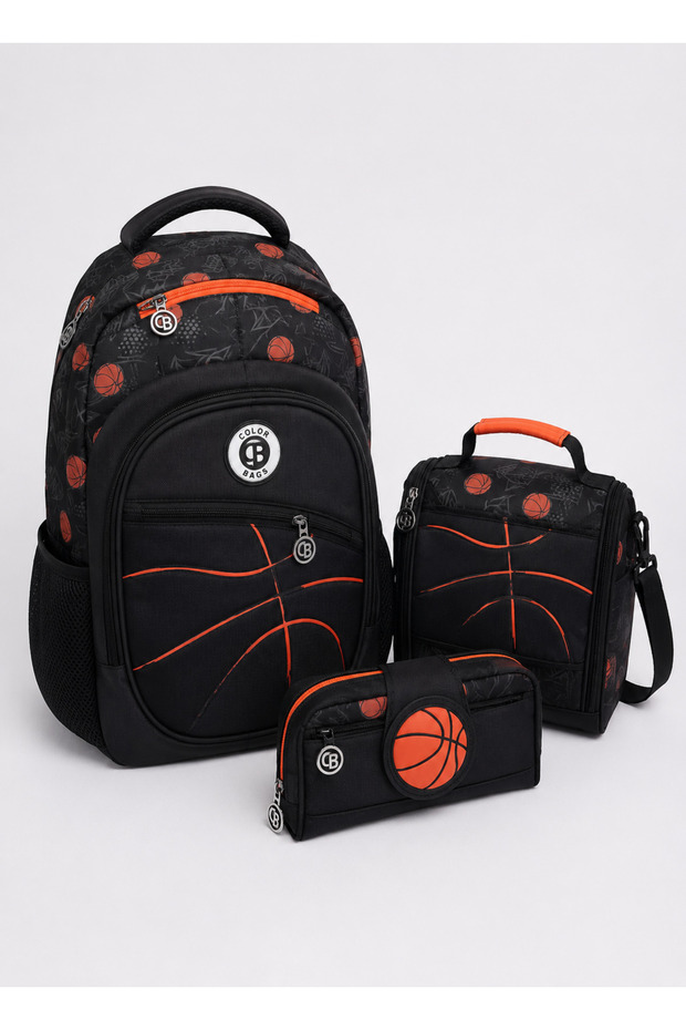 Basketball Patterned 3-Piece School Bag Set Backpack Lunch Bag Pen Holder Black Orange
