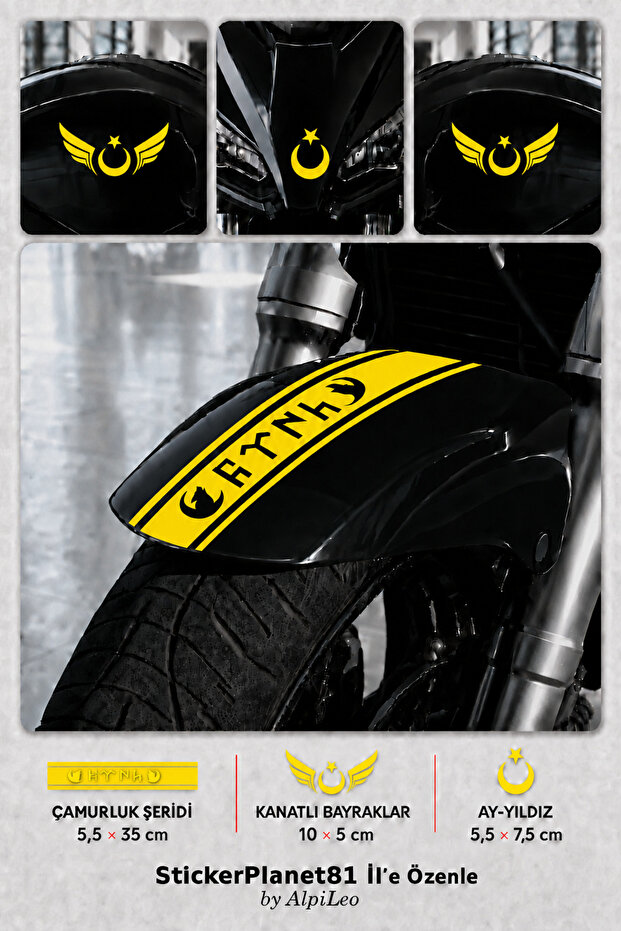Motorcycle Fender Sticker Set – Turkish Written Stripe, Winged Moon Star and Moon Star Cut Foil 4 Pieces