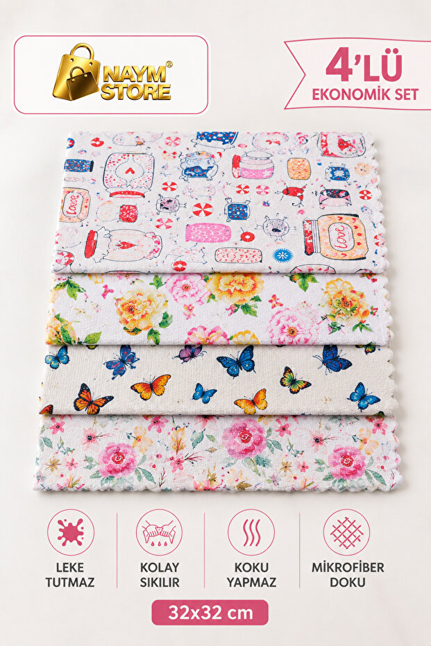 Economical Set of 4 Stain-Resistant, Washable 32X32 cm Microfiber Cloths