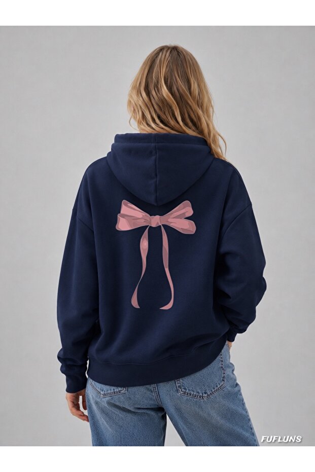 Ribbon Back Printed Oversized Women's Hooded Sweatshirt