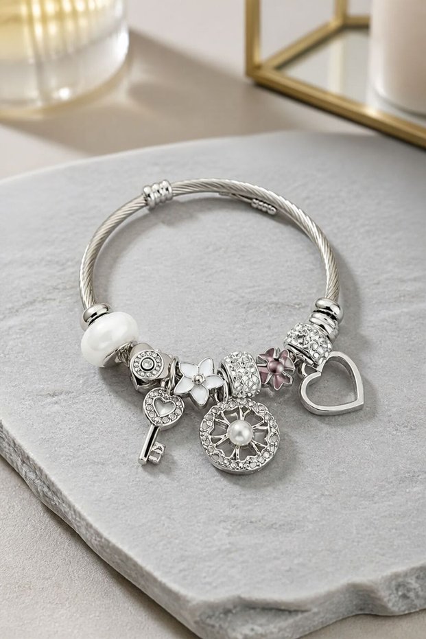 Stainless Steel Heart Key Charm Bracelet for Women - Flower Motif Charm Jewelry with Pearls