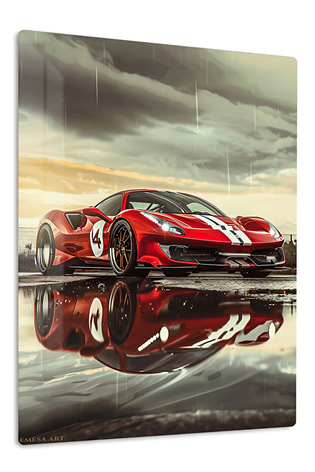 Red Supercar Storm Landscape Metal Wall Art