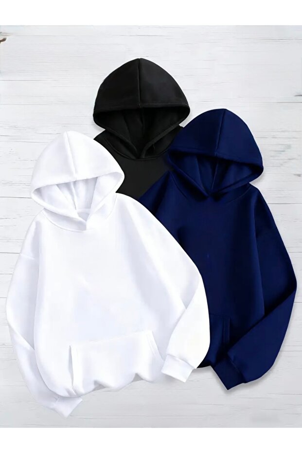 Black White Navy Blue 3-Pack Oversized Unisex Hooded Sweatshirt