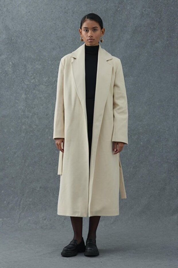 Beige Belted Midi Coat