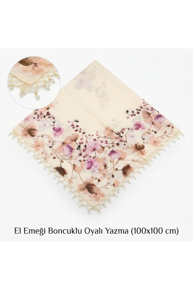 Handmade Patterned Yarn Embroidery with Ring Beads on the Edge, Yemeni, Scarf, with Embroidery on 4 Sides