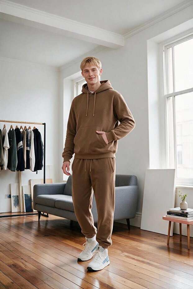 Men's Brown 3 Thread Hooded Fleece Tracksuit Set
