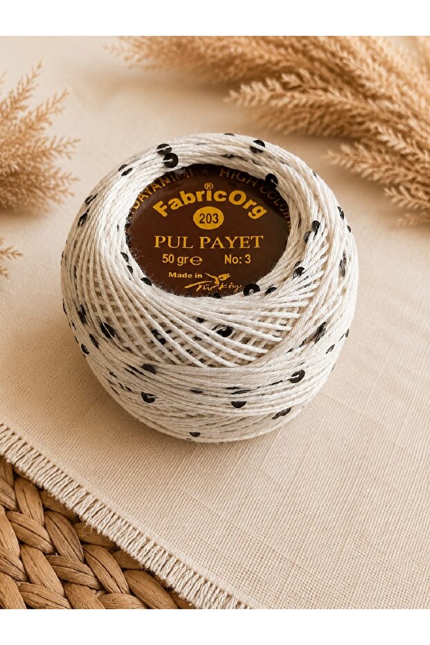 Sequin Yarn for Knitting and Crocheting No:3 50 Gr - 203 Cream / Black