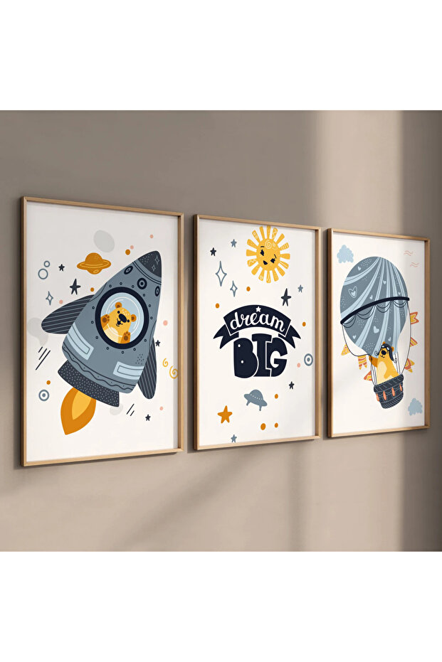 Natural Wooden Framed 3-Piece Space Adventure Children's Room Painting Set Decorative Wall Decor