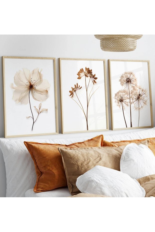 Natural Wood Framed 3-Piece Elegant Flowers Painting Set Decorative Wall Art for Living Room, Bedroom, Kitchen
