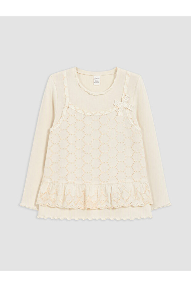Esvab • Modern & Distinctive Zero Roba Collar Embroidered Bow Detailed Girls' T-Shirt