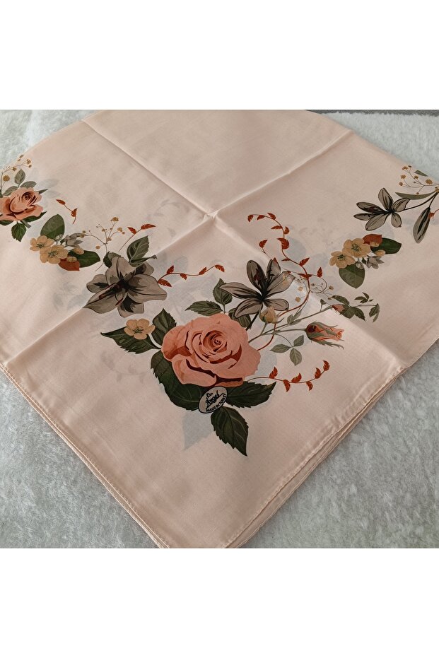Patterned Stitched Unlined Writing Tulle Yemeni Foulard Scarf 100X100 Cm, Middle Part Empty
