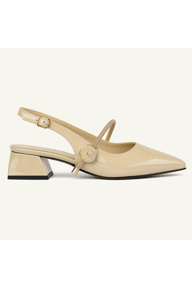 Pointed Toe Buckle Open Back Short Heeled 3-cm Patent Leather Women's Shoes-New Model