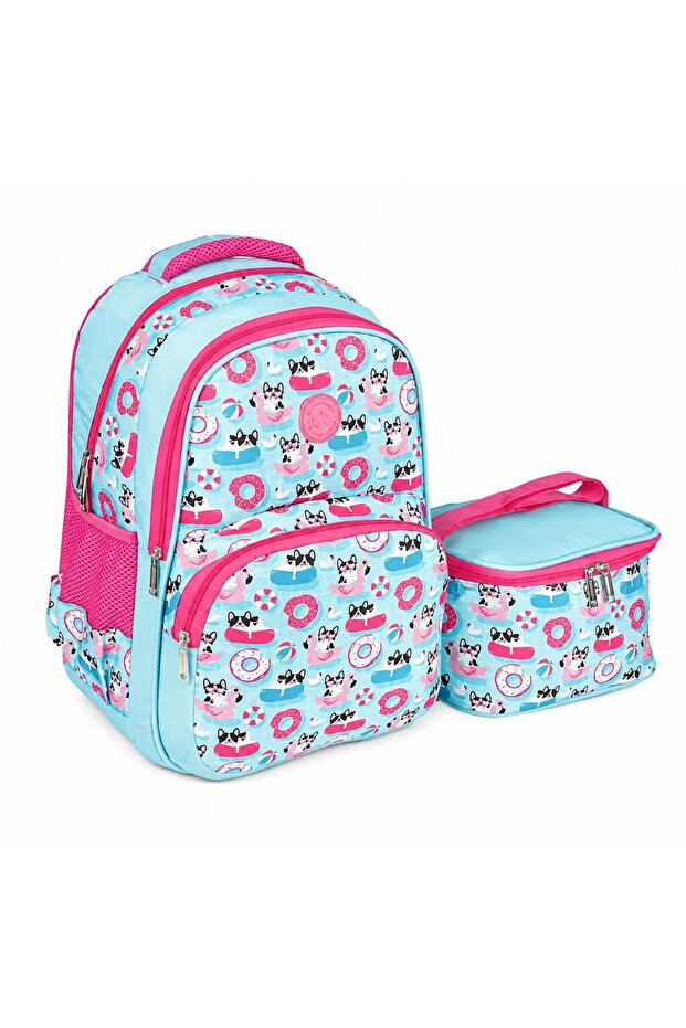 Relaxion Dog Patterned Elementary School Bag and Lunch Box in the Pool