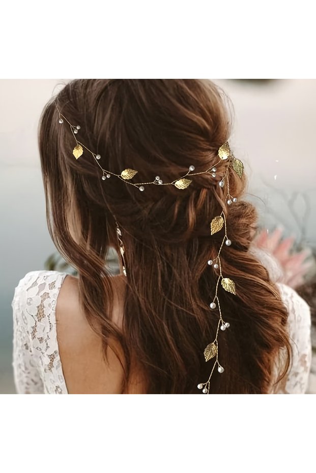 Leaf - Gold Color Leaf Figured Pearl Design Hair Vine Hair Band Bridal Hair Accessory Crown