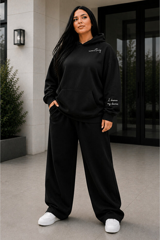 Women's Plus Size 3 Thread Hooded 2-Piece Tracksuit Set Oversize Hoodie Wide Leg Pants Printed Winter L-8Xl