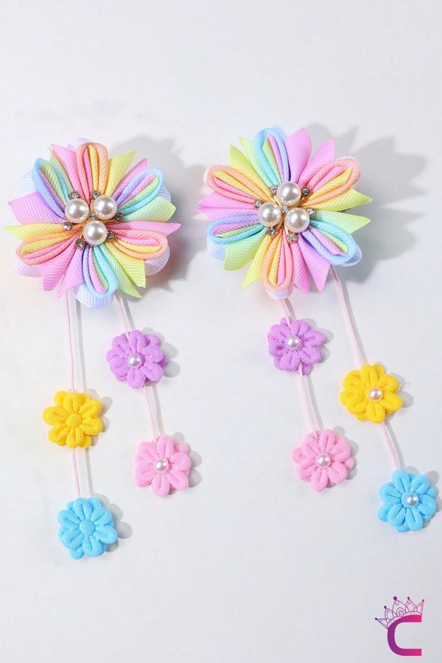 2-Piece Rainbow Colorful Dangle Pearl Flower Girl Hair Clip - Birthday Clip Hairpin