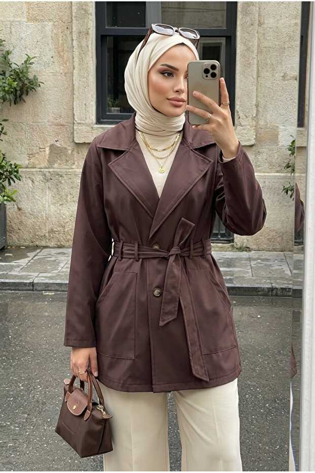 Women's Belted Short Trench Coat – Seasonal Hijab Jacket