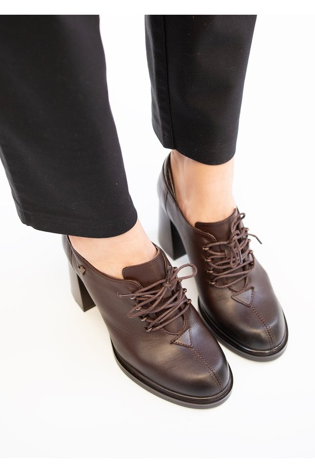 1400 Eren Shoes&Bag Genuine Leather Lace-Up Thick Heeled Daily Stylish Elegant Women's Shoes Real Leather Brown