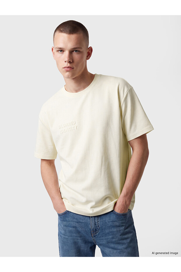 Crew Neck T-Shirt with Embossed Text for Men