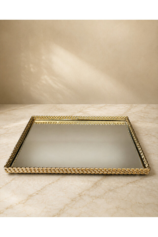 Decorative Mirrored Tray 37X25 cm Rectangular Presentation and Living Room Tray with Gold Mesh Frame