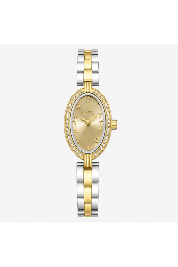 ساعة ثنائية اللون ذهبي وفضي بواجهة بيضاوية وأرقام عربية -TIMERA Two-Tone Gold & Silver Oval Watch with Arabic Numerals