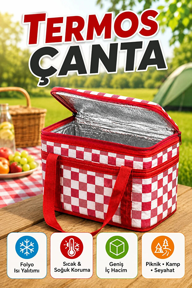Thermal Insulated Red and White Square Patterned Thermos Bag – Picnic, Camping and Travel