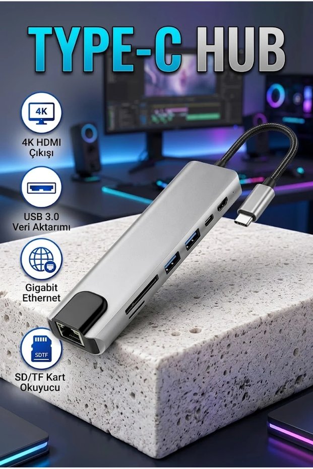 8-Port Type-C Hub 4K HDMI USB 3.0 Sd Card Reader Rj45 Ethernet Multi-Connection Adapter