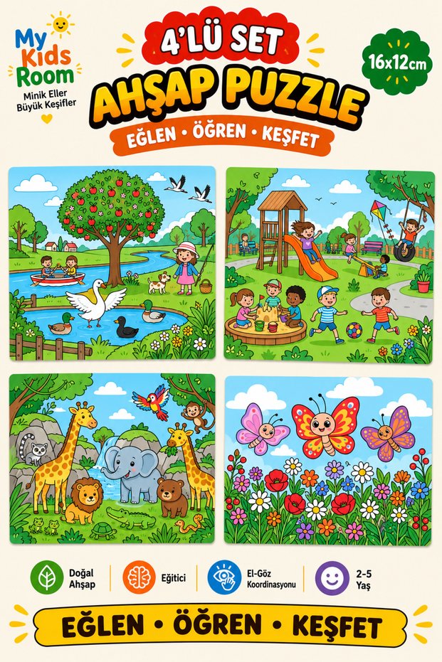 4-Piece Wooden Puzzle Set Educational Learning Find and Fit Puzzle Children's Toy 2+ Years Old 16X12 cm