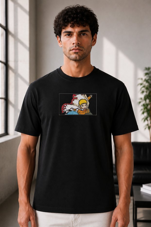 Unisex Oversize Naruto Shippuden Naruto Uzumaki Embroidered Anime T-Shirt 100% Cotton