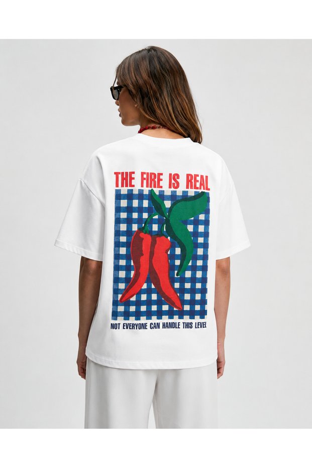 The Fire Is Real Back-Printed Oversize T-Shirt Unisex 80% Cotton Boxy Fit Streetwear T-Shirt Thick Textured