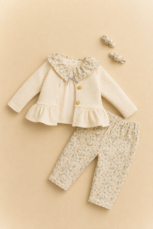 Baby Girl Cream Soft Floral Cotton 3-Piece Set
