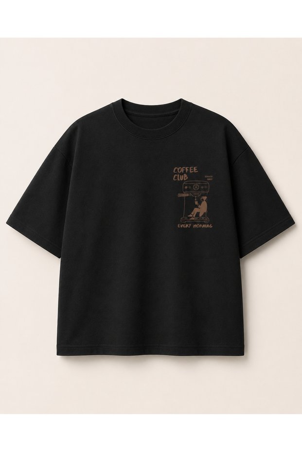 Coffee Club Double-Sided Printed Oversize T-Shirt Unisex 80% Cotton Boxy Fit Streetwear T-Shirt Thick Textured