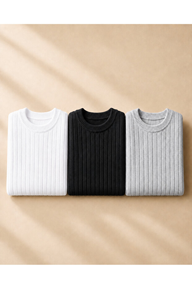 3-Piece Men's Crew Neck Ribbed Casual Knitwear Sweater Set