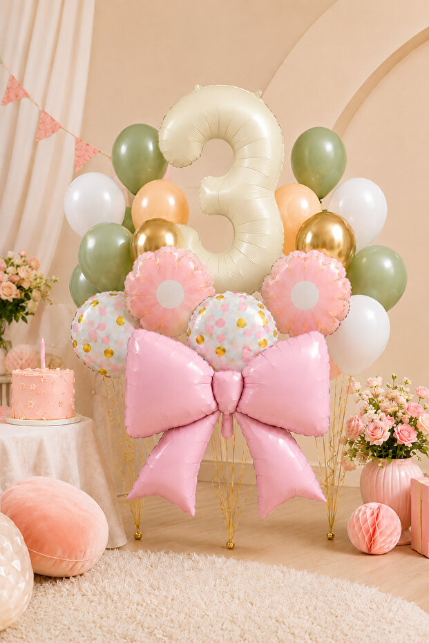 3 Year Old Retro Cream Pink Bow Concept Birthday Balloon Chain Set Set34