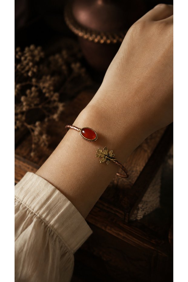 Adjustable Vintage Copper Women's Bracelet with Agate Stone Natural Stone Bracelet