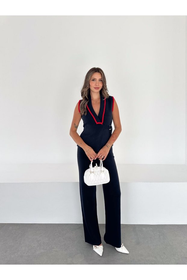 Contrast Piping Vest Pants Knitwear Top-Down Set Aw26Au0001