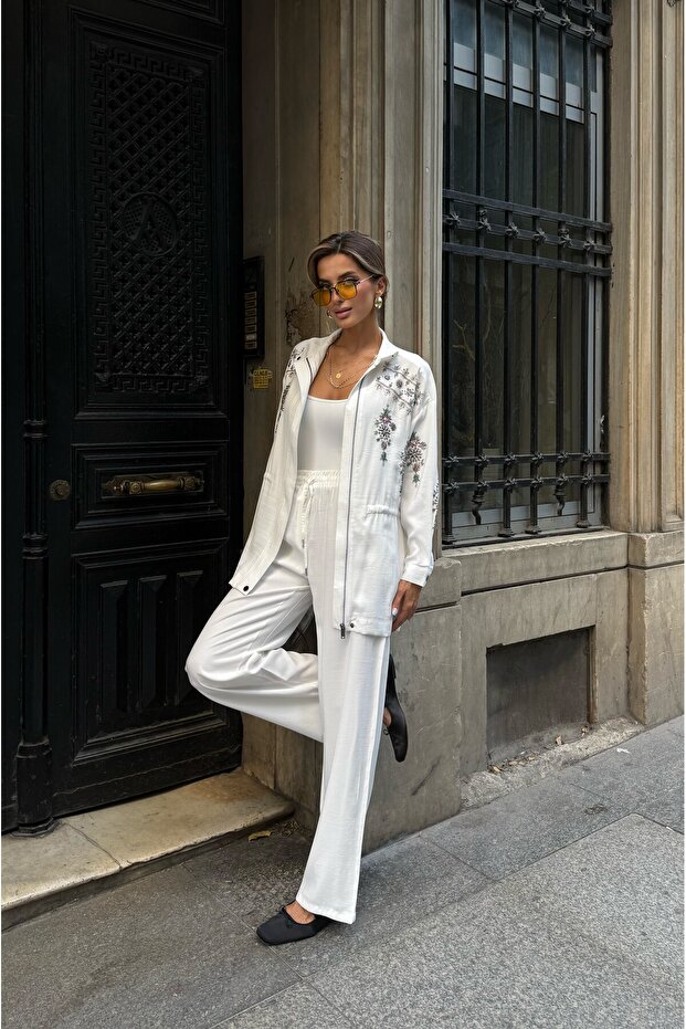 Women's Front Sleeves with Bead Embroidery Tansel Fabric Bambir Ceken Pant Suit