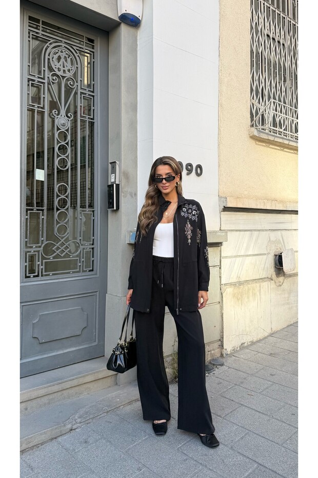 Women's Front Sleeves with Bead Embroidery Tansel Fabric Bambir Ceken Pant Suit