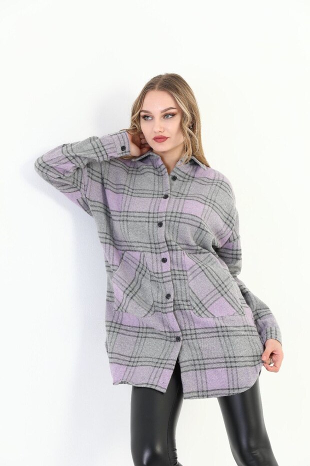 Gray Lilac Plaid Oversized Lumberjack Shirt / Jacket with Pockets