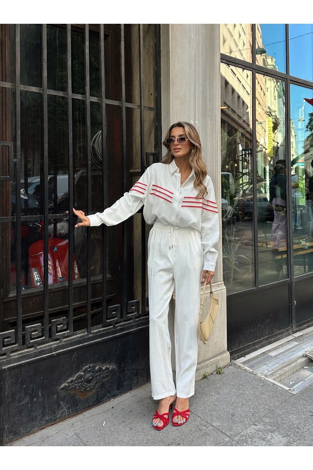 Women's Shirt with Bead Embroidery on Front and Sleeves, Standard Pants Size Suit