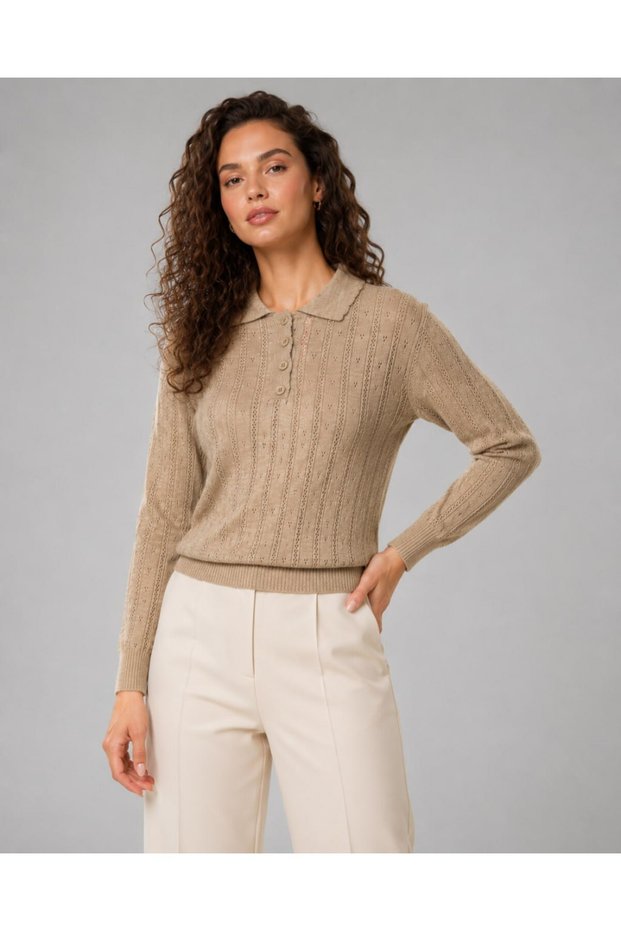 Openwork Polo Collar Buttoned Knitwear Sweater Aw26Kz0008