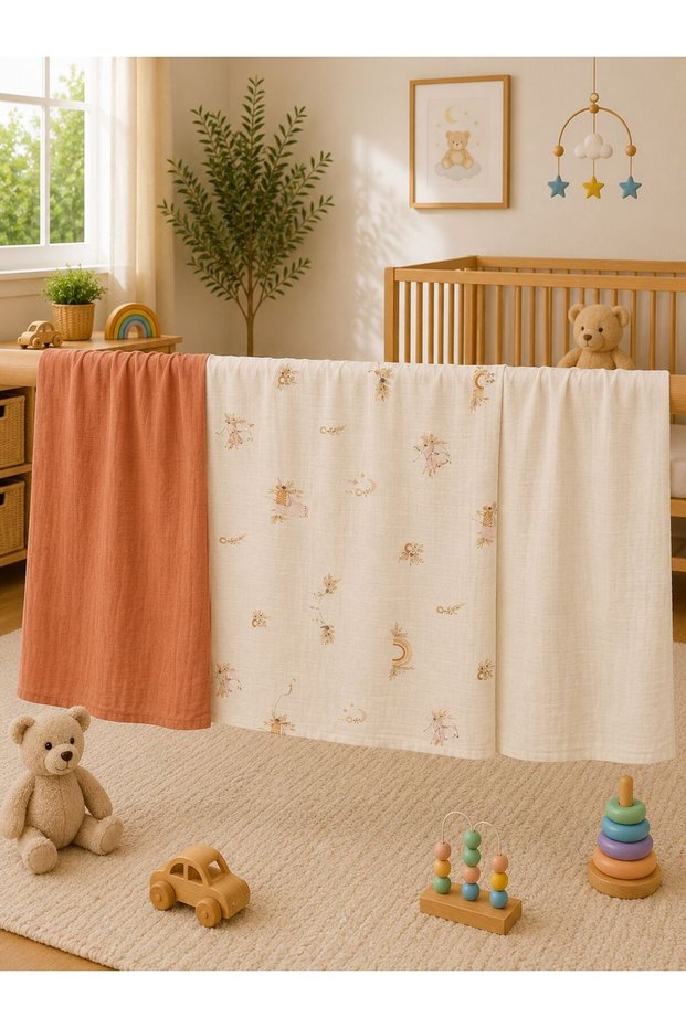 Multi-Purpose Muslin Blanket Set of 3, Muslin Newborn Baby Blanket, 100% Organic Cotton Muslin Cloth - 80X80 cm