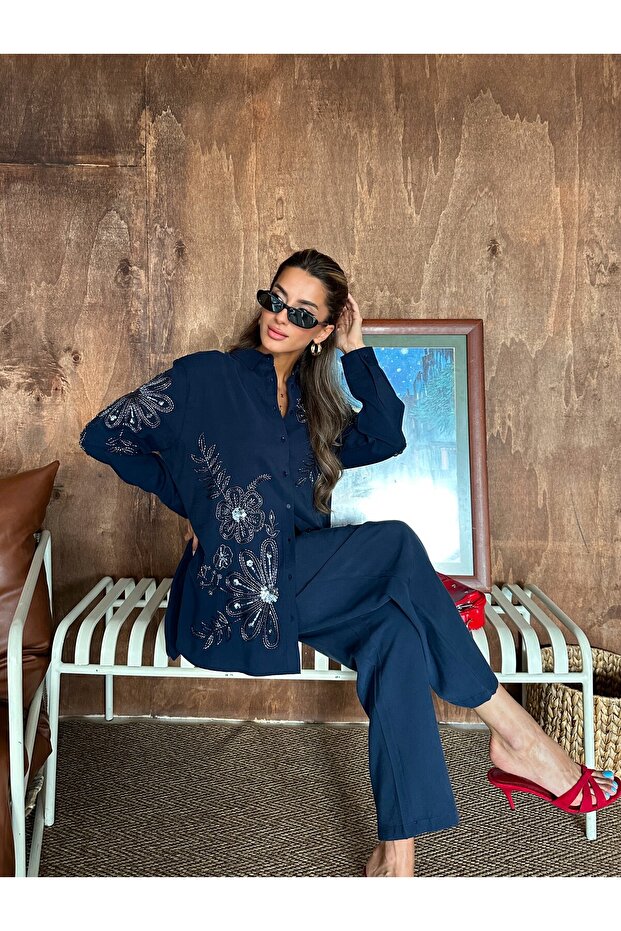 Women's Shirt with Bead Embroidery on Front and Sleeves, Standard Pants Size Suit
