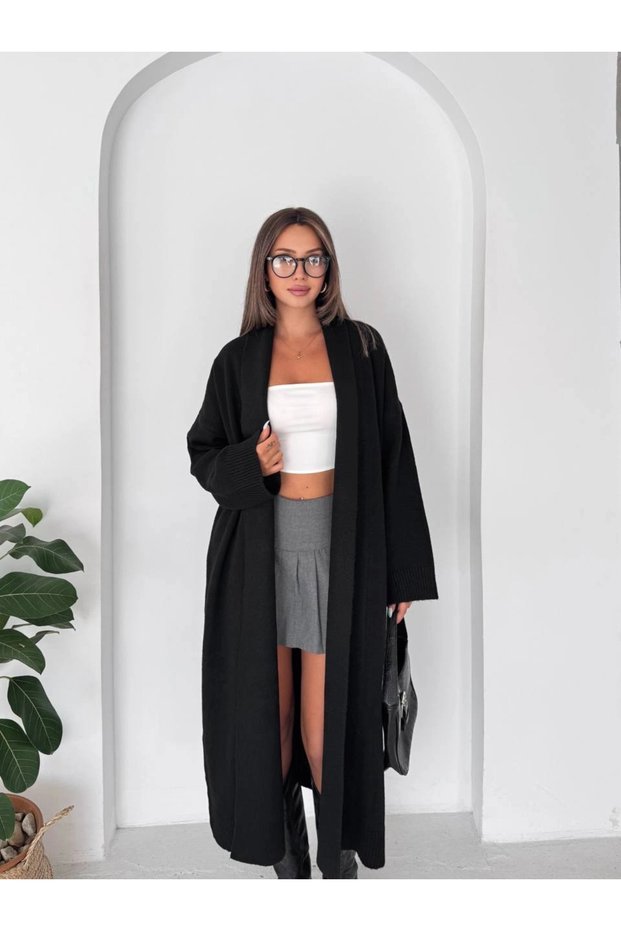 Women's Black Cotton Long Kimono Collar Oversize Knitwear Cardigan