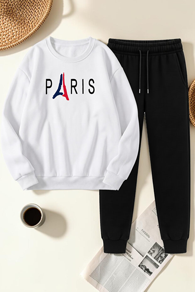 Unisex Design Printed Crew Neck Sweatshirt - 2-Piece Tracksuit Set